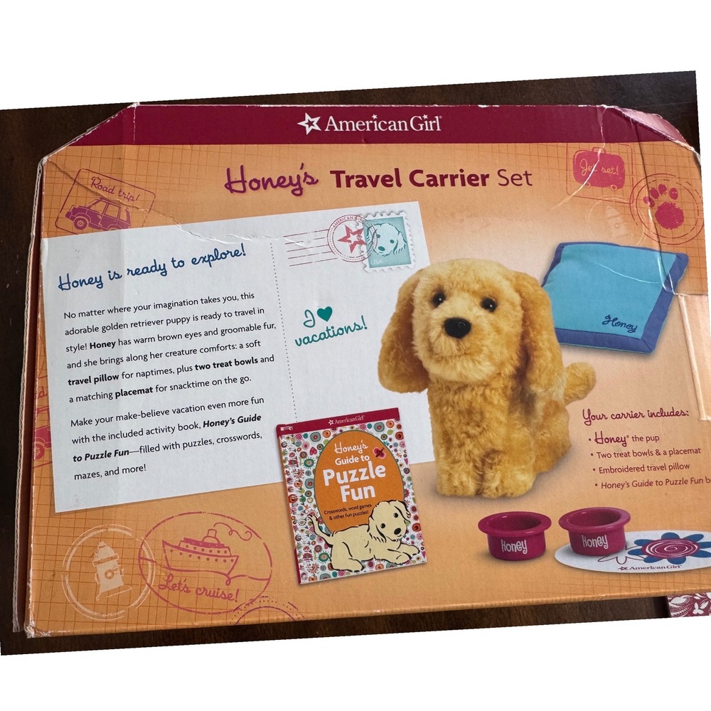 American Girl Honey's Travel Carrier Set Golden Retriever Plush Puppy Dog vet